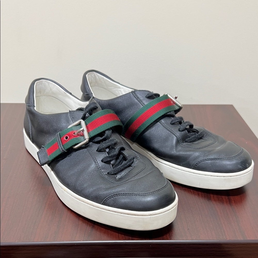Gucci Black Leather Sneakers with Red and Green Accents